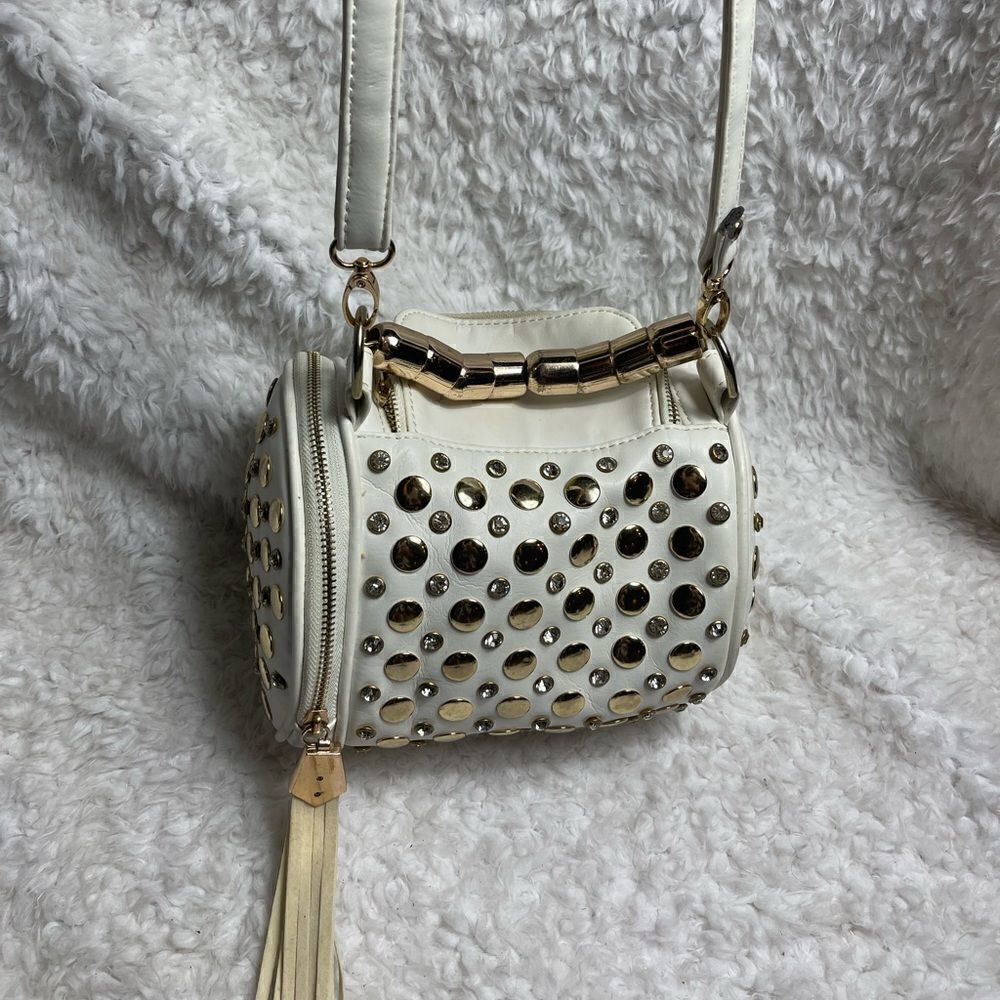 Off white small barrel Satchel/crossbody bag rose gold studs & jewels accents